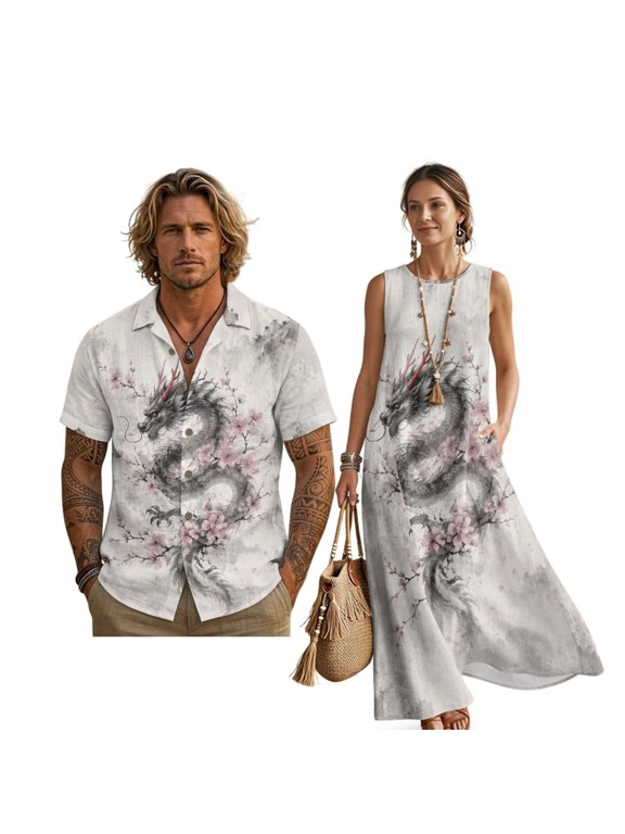 Summer Dresses for Women Plus Size Asian Style Oversized Dress for Travel Beach, Breathable Men Shirts Summer Beach Tops Button Down Shirts, Cherry Blossom Dragon Print, S