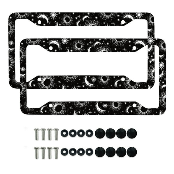 Renewold Sun Moon Star Print Auto License Plates Frame for Car Novelty Metal Automotive License Plate Frames Vanity Tag for Women Men, 2 Pack