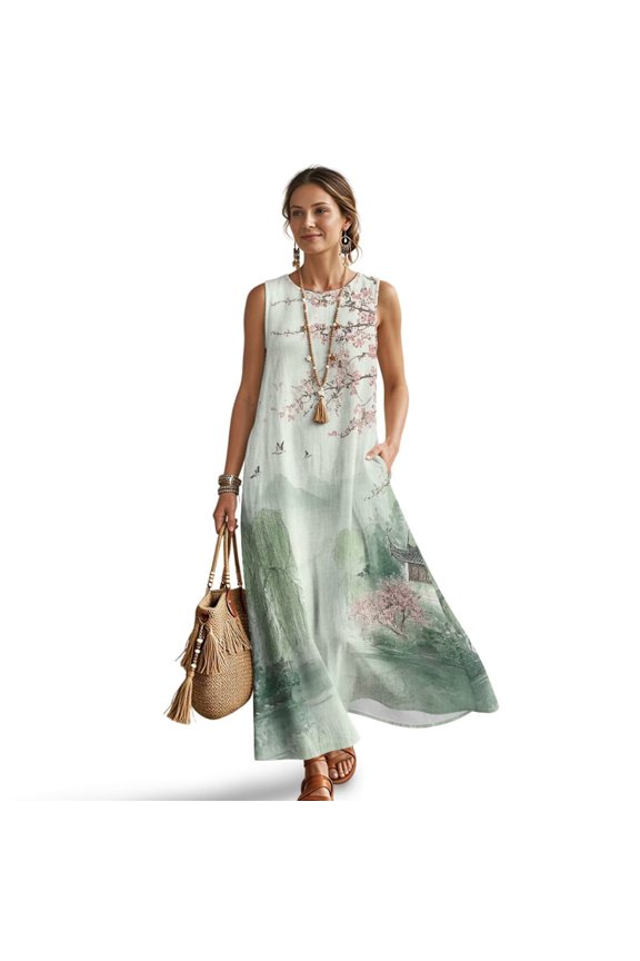 Sundresses for Women Over 40 Loose Lounge Dress Soft Oversized Dress with Pockets Round Neck Casual Tank Dresses for Women, Plum Blossom Landscape Bird Print Light Green, XL
