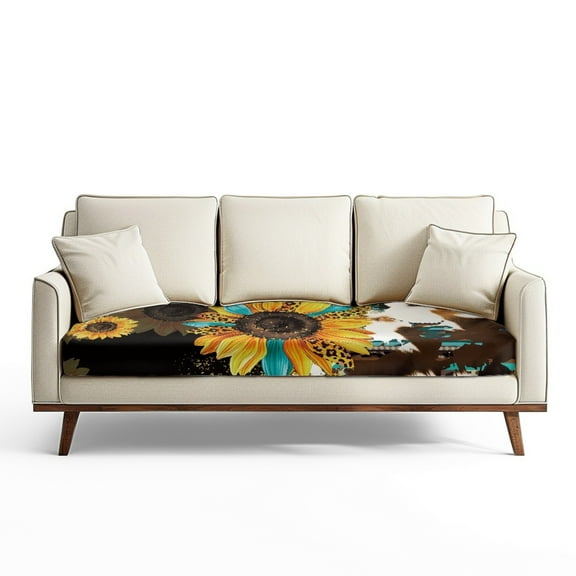 Renewold Sunflower American Tribal Leopard Cow Print Couch Seat Slipcover Non-Slip Sofa Cushion Protector Cover Elastic Fitted Sofa Couch Cushion Cover for Living Room Home Decoration, L