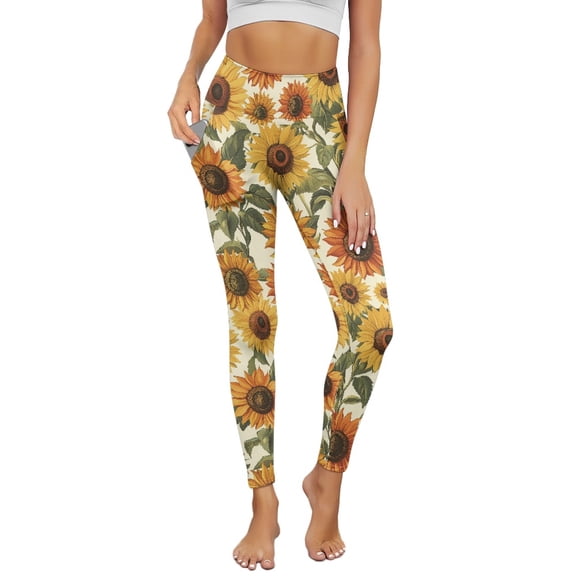 Renewold Sunflower Beige Yoga Pants for Women with Pockets Full Length Workout Leggings High Waist Tummy Control Lounge Pants Activewear Fashion Womens Leggings, XS