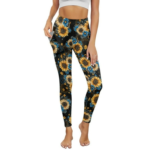 Renewold Sunflower Blue Flowert Yoga Leggings with Pockets for Women Athletic Pants High Waist Ultra Soft Hip Lift Ankle Pants Printed Leggings 4 Way Stretch Plus Size, L