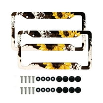 Renewold Sunflower Brown Cow Print License Plates Frame for Women Men, Car Tag with Screw Caps, Car Accessories Applicable to Standard US License, Set of 2