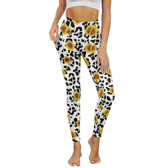 Renewold Sunflower Cow Print Womens Leggings with Pockets High Waisted Hip Lift Tummy Control Yoga Pants Buttery Soft 4 Way Stretch Workout Yoga Pants Cute Activewear, 3XL