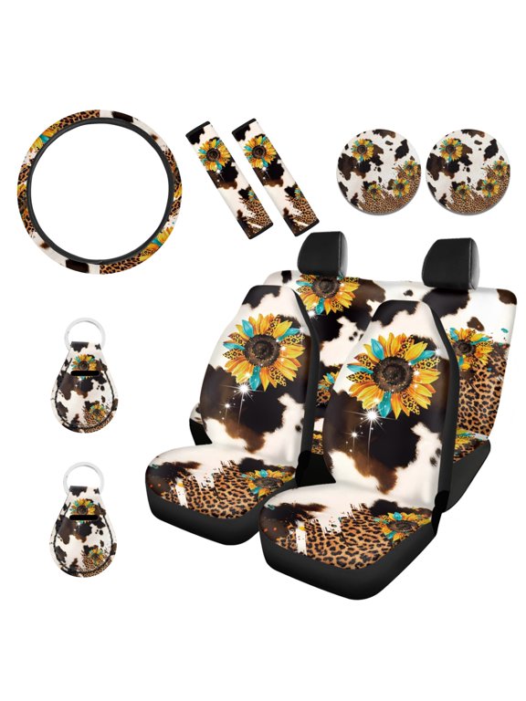 Sunflower Leopard Cow Print Car Seat Cover Full Set 11 PCS, with Steering Wheel Cover Seat Belt Pads, Breathable Seat Protector, Coaster Car Keyring Universal Fit Most Cars SUV Truck Van