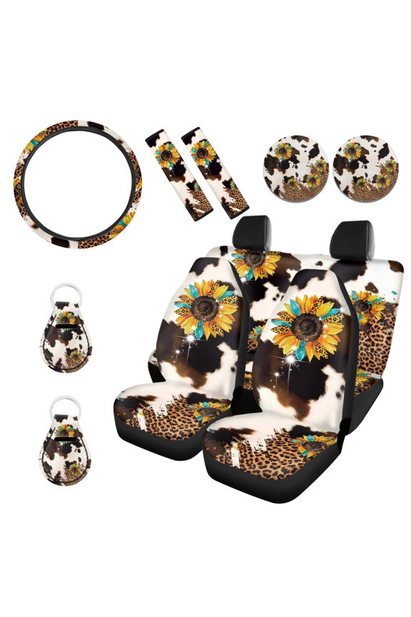 Sunflower Leopard Cow Print Car Seat Cover Full Set 11 PCS, with Steering Wheel Cover Seat Belt Pads, Breathable Seat Protector, Coaster Car Keyring Universal Fit Most Cars SUV Truck Van
