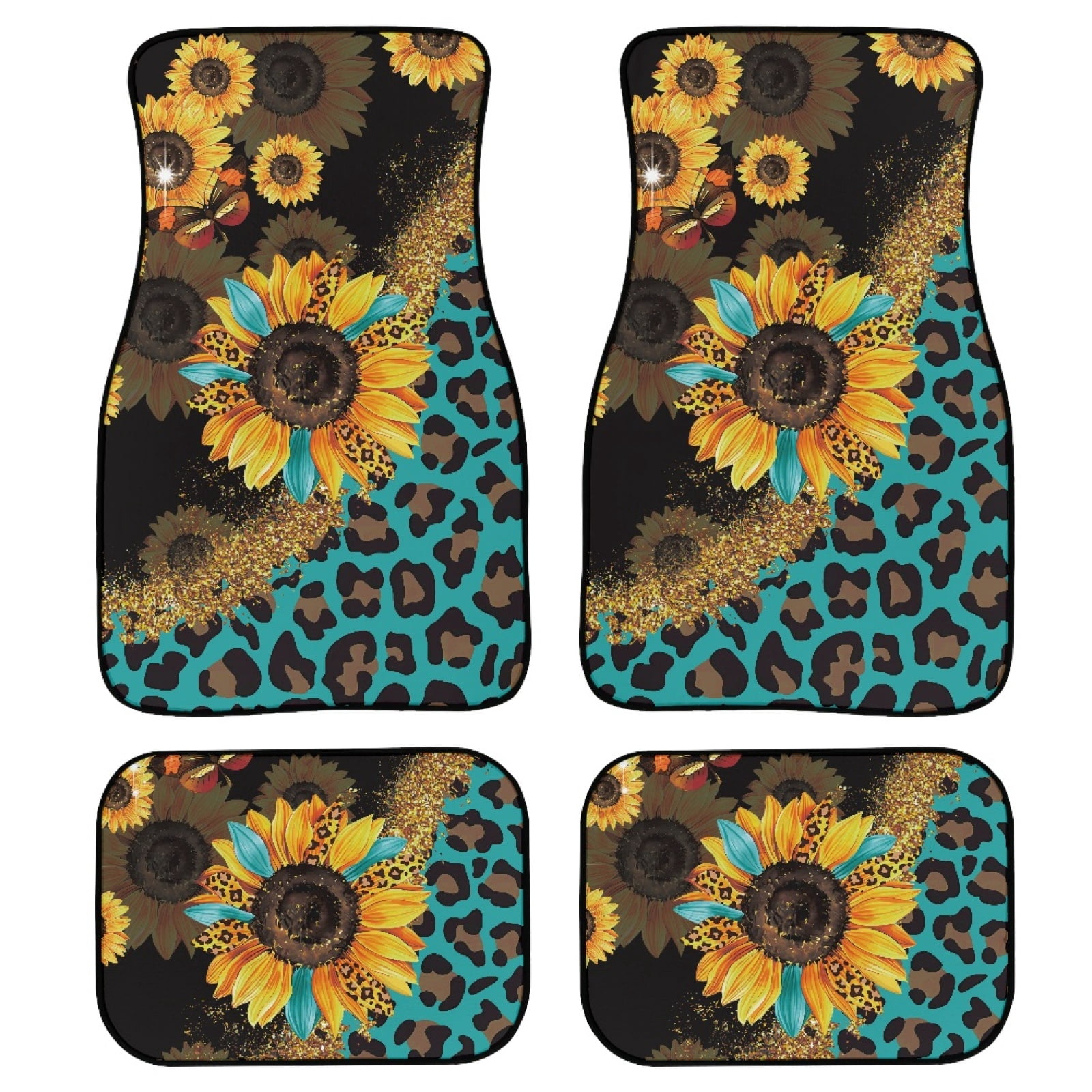 Leopard Sunflower Car Floor Mats 4-Piece Set - Blue Butterfly Print, Non-Slip, Fits Most Cars, SUVs, Trucks (Front & Rear)