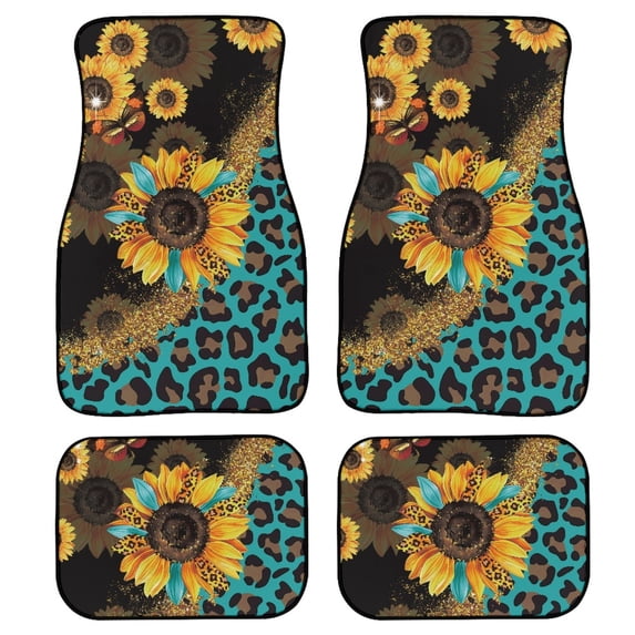 Renewold Sunflower Leopard Print Blue Auto Carpet Car Floor Mats for Car Van Truck Sedan SUV, 4 Pcs Auto Mats Front & Rear Full Set with Anti-Slip Backing Universal Fit