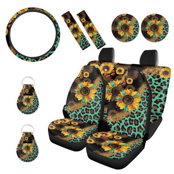 Renewold Sunflower Leopard Print Green 11 PCS Car Seat Covers Set with Universal Steering Wheel Cover, Non-Slip Seat Protector, Seat Belt Straps, Cup Holder, Key Chains Car Interior Accessories