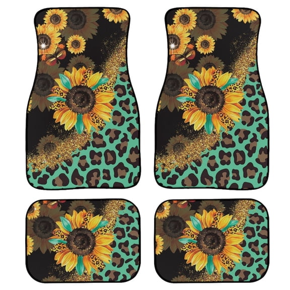 Renewold Sunflower Leopard Print Green Car Floor Mats 4 Pieces, Universal Fit Heavy Duty Front & Rear Full Set Car Carpet for Most Vehicles, Auto Interior Accessories Decor