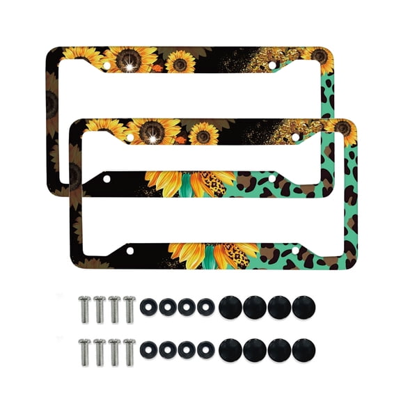 Renewold Sunflower Leopard Print Green Car License Plate Frame Licence Plate Frame Frames with Screw Caps Applicable to Standard US License, Set of 2