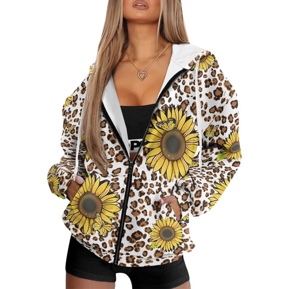 Renewold Sunflower Leopard Print Oversized Hoodies for Women Long Sleeve Full Zip Hooded Sweatshirts Loose Fit Pullover Sweaters Fashion Jackets Fleece Sweatshirt Athletic Clothing, XXL