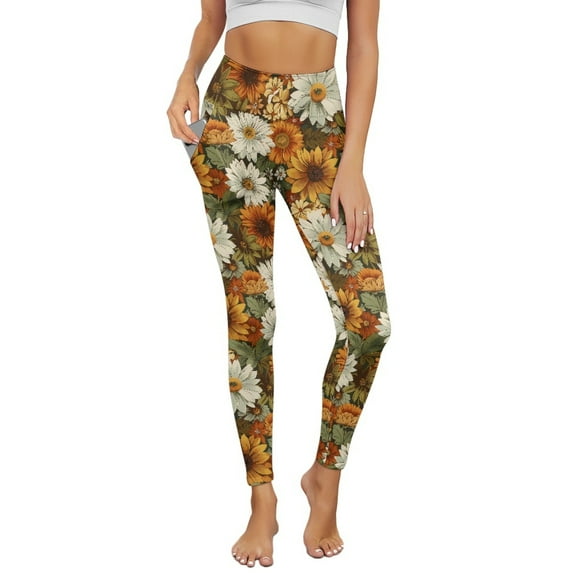 Renewold Sunflower Vintage Pocket Yoga Pants for Women Tummy Control Active Yoga Pants Butt Lifting Stretchy Comfy Leggings Sportswear Running Tights Ankle Leggings, 3XL