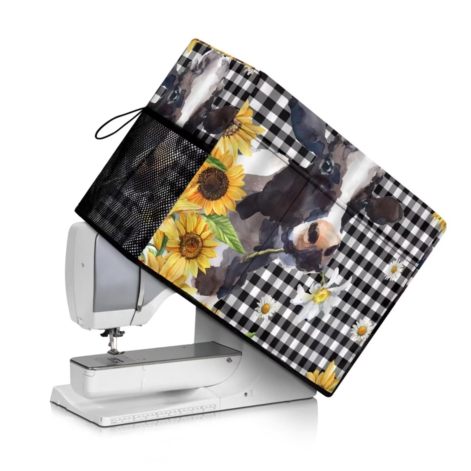 Renewold Sunflowers Cow Sewing Machine Cover Case with 4 Pockets