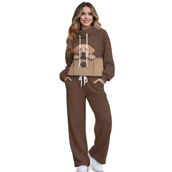Renewold Sweatsuits Women 2 Piece Outfit Oversized Matching Tracksuit Sets Long Sleeve Top and High Waisted Wide Leg Sweatpants with Pockets Warm Fall Winter Outfits, Labrador Paw Print Brown, XS