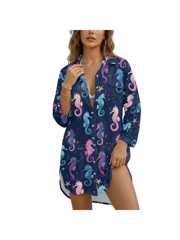 Swimsuit Coverup for Women Long Sleeve Button Up Shirt Lightweight Beach Cover Ups for Women with Pocket Trendy Beach Tops Vacation Clothes, Dark Navy Seahorse Starfish Print, 3XL