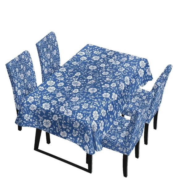 Renewold Table Cloth and Dining Chair Covers Set of 5, Kitchen Chair Slipcovers Rectangle Table Cover, Removable Anti-dust Tablecloths Stain Resistant Soft Hotel Decor, Blue Retro Floral