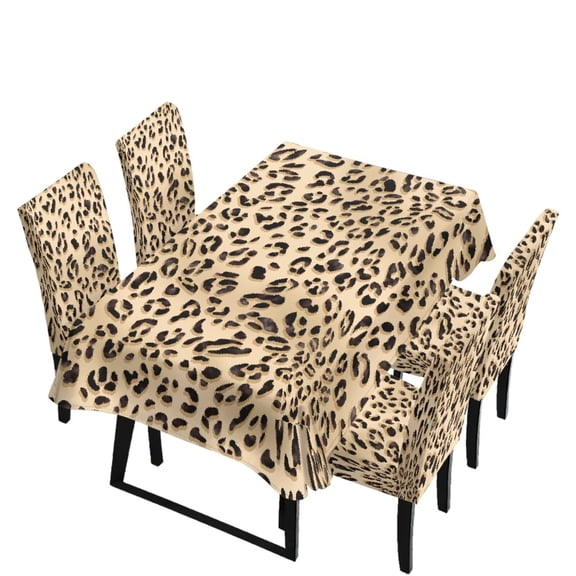 Renewold Table Cloth for Rectangle Table and Dining Room Chair Cover Set of 5, Dust Proof Anti-wrinkle Tablecloths Comfortable Chair Seat Slipcovers for House Decor, Leopard Print
