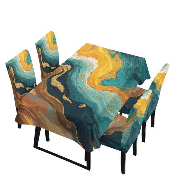 Renewold Table Cloth Rectangle Table Set of 5 Include Dining Chair Covers and Tablecloths for Dining Room Kitchen Banquet, Anti-scratch Chair Seat Cover, Fluid Marble Print Green Gold Brown