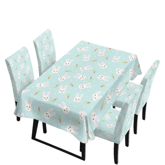 Renewold Table Cloth Rectangle Table Set of 5 Include Kitchen Chair Covers and Tablecloths for Dining Room Easter Decor, Anti-scratch Chair Seat Protector Cover, Blue Cartoon Rabbit Carrot Dot