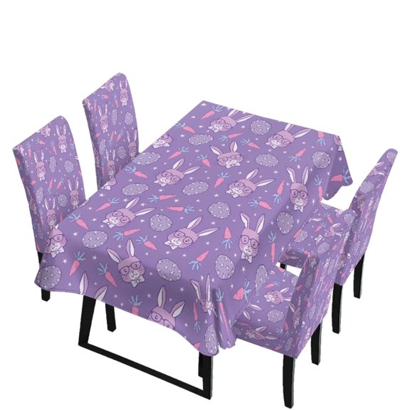 Renewold Table Cover Rectangle Table Set of 5 Include Dining Chair Covers and Tablecloths for Easter Decor, Anti-scratch Chair Seat Protector Slipcover, Easter Egg Bunny Carrot Star Print Violet