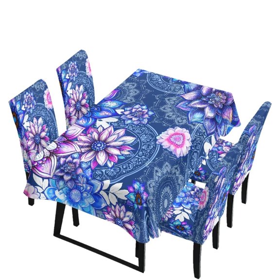 Renewold Table Cover Rectangle Table Set of 5 Include Dining Chair Covers and Tablecloths for Hotel Banquet, Anti-scratch Chair Seat Protector Slipcover, Boho Mandala Flower Print Blue Violet