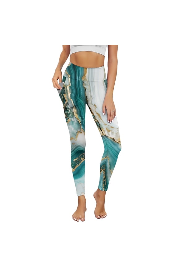 Teal Gold Marble Leggings for Women with Pockets Running Pants Tight High Waisted Spandex Graphic Leggings Trendy Essential Pants Scrunch Butt Lifting, M