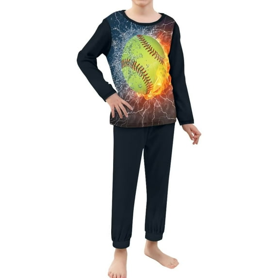 Renewold Teen Boys Pajama Set of 2 Skin Friendly Fire Baseball Pullover Tops Sleepwear Warmth Multi-Saeson Round Neck Outfits Pullover Nightwear Size 9-10