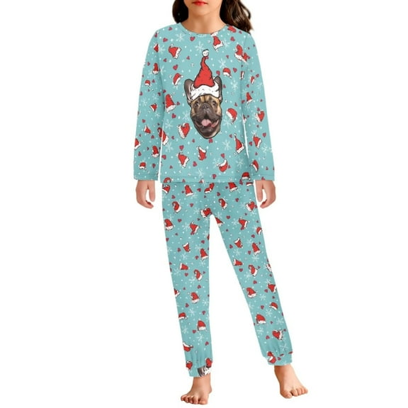 Renewold Teens Pj Pants Bottom Set of 2 Comfy Pajama Sleepwear Christmas Santa Hat French Bulldog Snowflake Long Sleeves Pullover Tops Sweatsuit Casual Nighwear Size 7-8