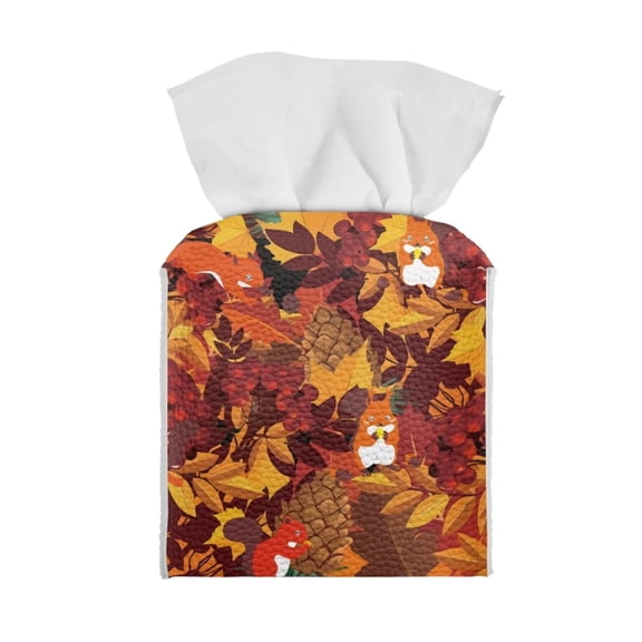 Renewold Thanksgiving Facial Tissue Box Cover for Home Office Squirrel Fall Maple Leaves Decorative Holder/Organizer Stylish PU Leather Square Tissue Box Holder