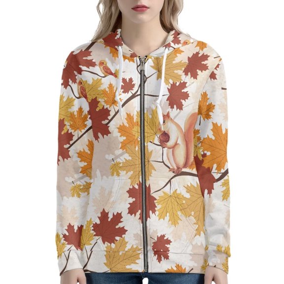 Renewold Thanksgiving Full Zip Hoodie Y2K Squirrel Fall Maple Leaves Long Sleeve Drawstring Collar Top Jackets Coat Comfort Sweatshirt Streetwear for Women,Size XL