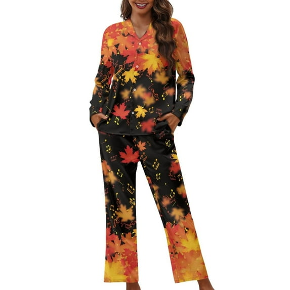 Renewold Thanksgiving Pjs Pajama for Women Breathable Maple Leaves Notes Sleepwear Top & Stretchy Pants Set of 2 Skin Friendly Fall Long Pajamas Athletic Clothing Size XL