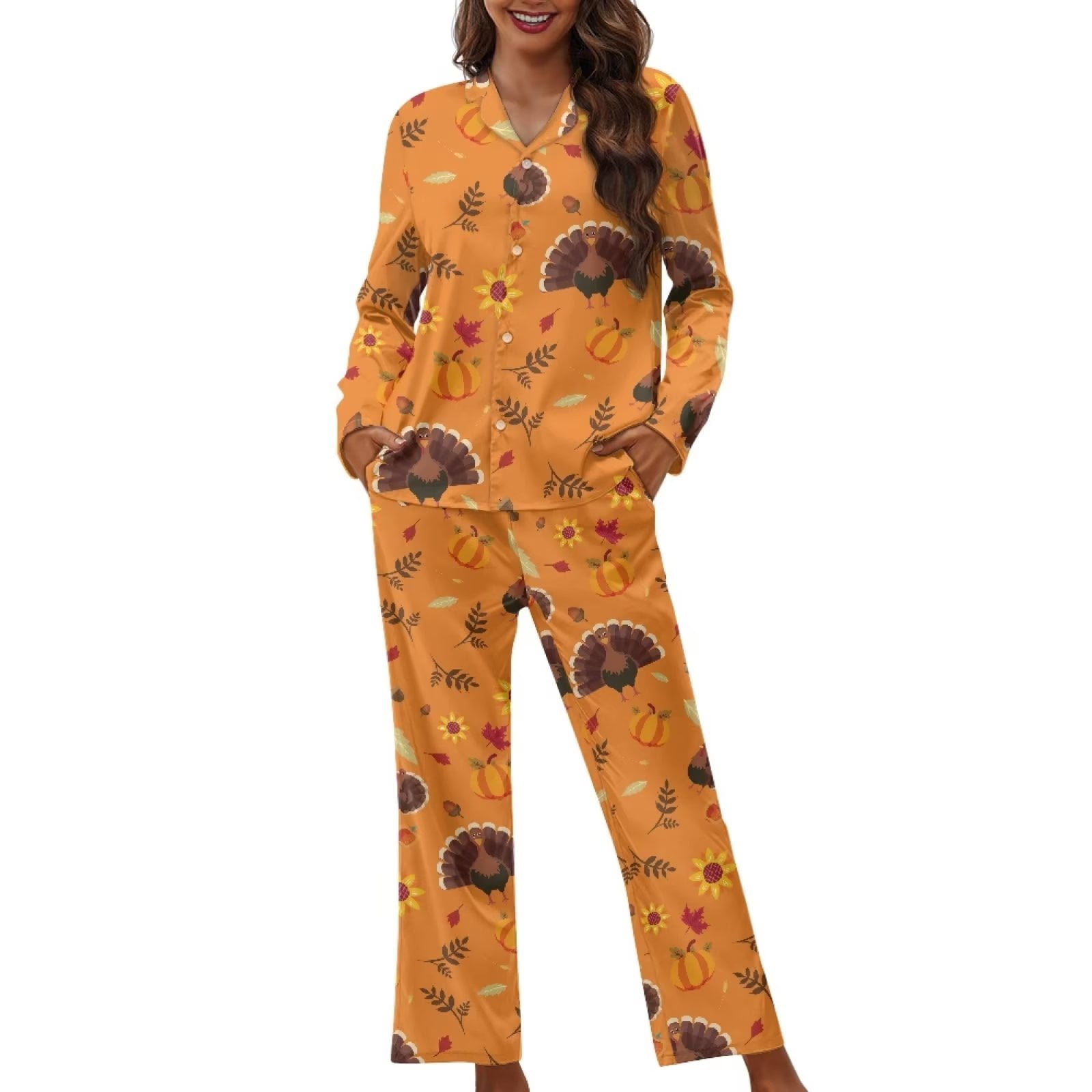 Renewold Thermal Button Down Pajamas Top for Women Thanksgiving