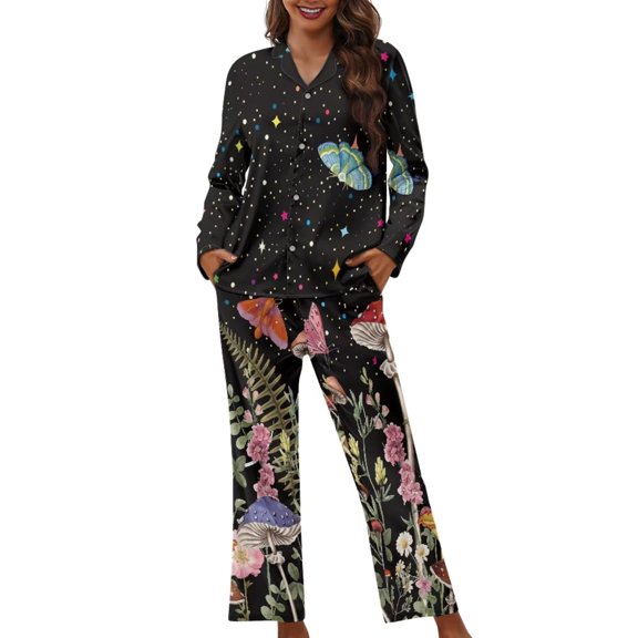 Renewold Thermal Button Pajama Set Pants 2 Packs Aesthetic Mushroom Butterfly Fall Spring Winter Athletic Clothing Sleepwear Soft Home Wear Women Loungewear Size M