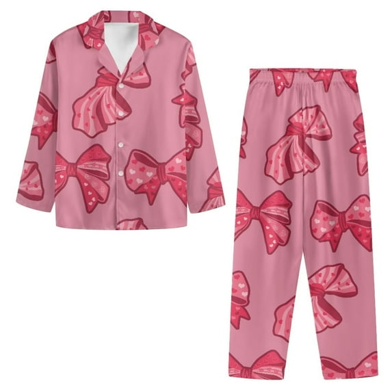 Renewold Thermal Pajama Button Down Shirts for Women Size M Valentine's Day Sleep Lounge Set 2 Pieces Pink Bow Long Sleeve Pjs Pullover Top Nightwear