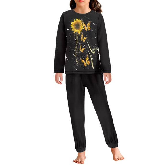 Renewold Thermal Pajama Set Softness Sunflower Butterfly Pjs Tops Sweatpants Athletic Clothing 2pcs Breathable O-neck Loungewear Sleepwear for Teens 9-10