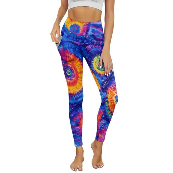 Renewold Tie-dye Blue Orange Pocket Yoga Pants for Women Active Yoga Pants Butt Lifting Elastic Essential Leggings Comfy Sportswear Running Tights Ankle Leggings, L