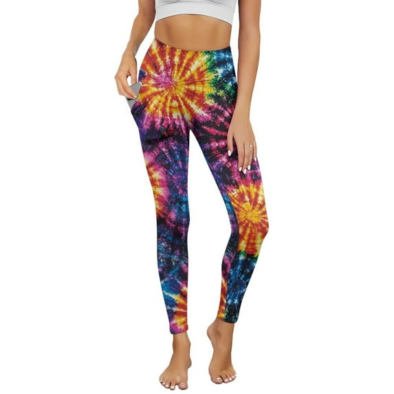 Renewold Tie-dye Colorful Yoga Leggings with Pockets for Women Athletic Pants High Waist Ultra Soft Hip Lift Ankle Pants Printed Leggings 4 Way Stretch Plus Size, M