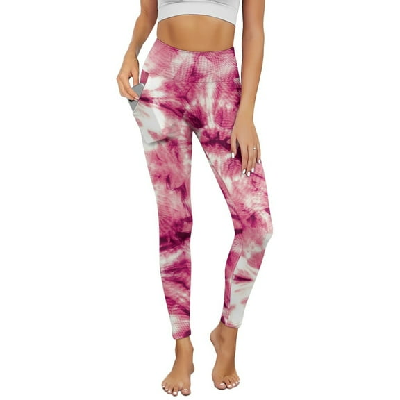 Renewold Tie-dye Dark Pink Yoga Pants with Pockets for Women Stretch High Waisted Tummy Control Workout Tights Buttery Soft Graphic Leggings Sportswear Basic Pants, M