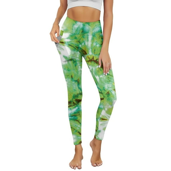 Renewold Tie-dye Green Womens Yoga Pants with Pockets High Waisted Womens Leggings Fashion Exercise Yoga Leggings Opaque Activewear Lightweight Ankle Leggings, XL