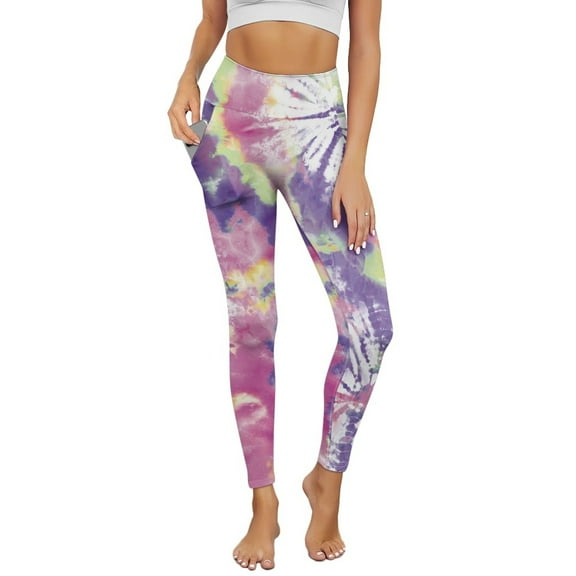 Renewold Tie-dye Violet Pink Green Yoga Leggings for Women with Pockets Trendy Running Yoga Pants High Waisted Tummy Control Graphic Pants for Cycling Jogging Yoga Sports, M