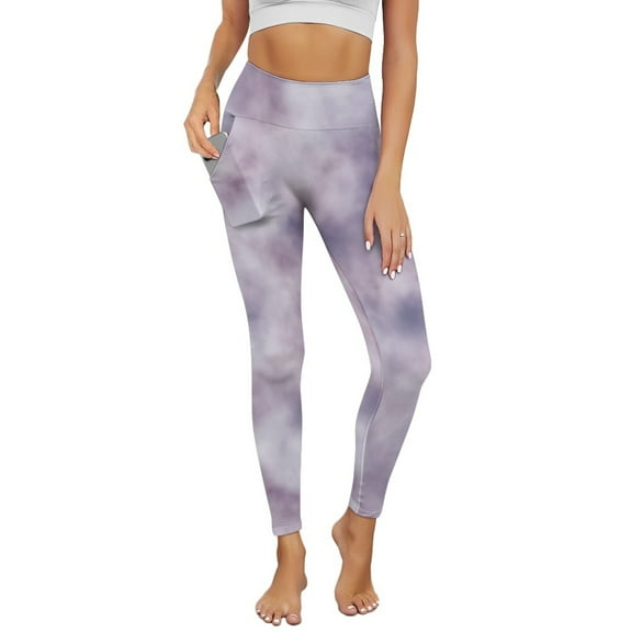 Renewold Tie-dye Violet Womens Yoga Leggings with Pockets Workout Leggings Ankle Pants Full Length High Waisted Slim Running Pants Non See-Through Printed Tights, XXL