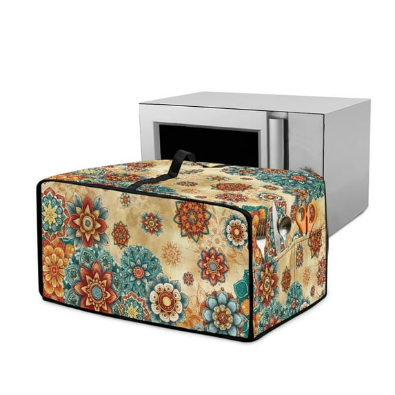Renewold Toaster Oven Dust Cover with Storage Pockets Stain-Resistant Dust Protection Rectangular Microwave Oven Small Appliance Cover Case, 22.5 x 18.5 x 13 Inches, Boho Mandala Flower Vintage