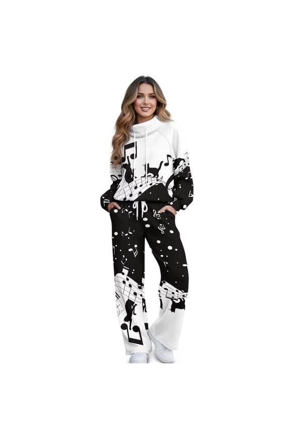 Track Suit 2 Piece 90s Outfits for Women Lounge Sets Petite Sweatshirts Sweatpants with Pockets Women's Activewear Comfiest Airport Outfits, Music Note Cat Print, XS