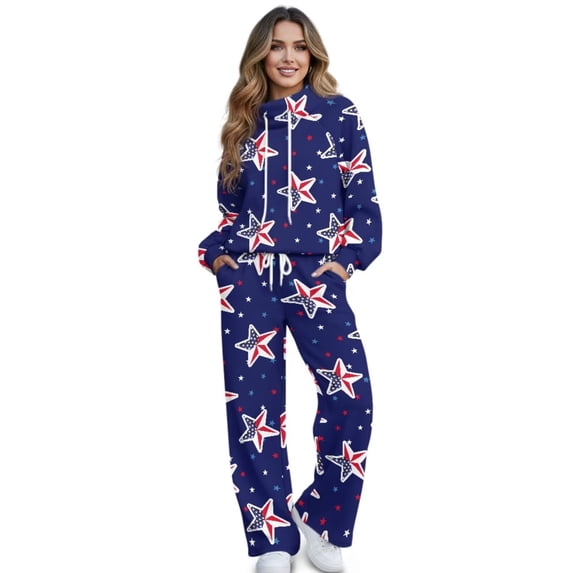Renewold Track Suit Y2K Fall Lounge Sets for Women Drawstring Mockneck Sweatshirts High Waisted Pants 2 Piece Outfits Loose Trendy Outfits, Patriotic American Flag Star Print Dark Blue, S