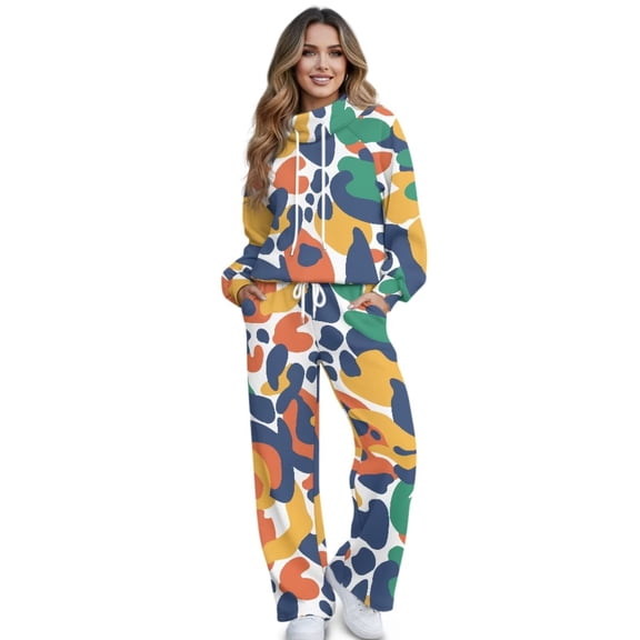 Renewold Track Suit Y2K Women 2 Piece Set High Neck Sweatshirt and Stretch Waisted Joggers Pants with Pockets Trendy Casual Outfits Activewear, Abstract Colorful Camouflage Print, L