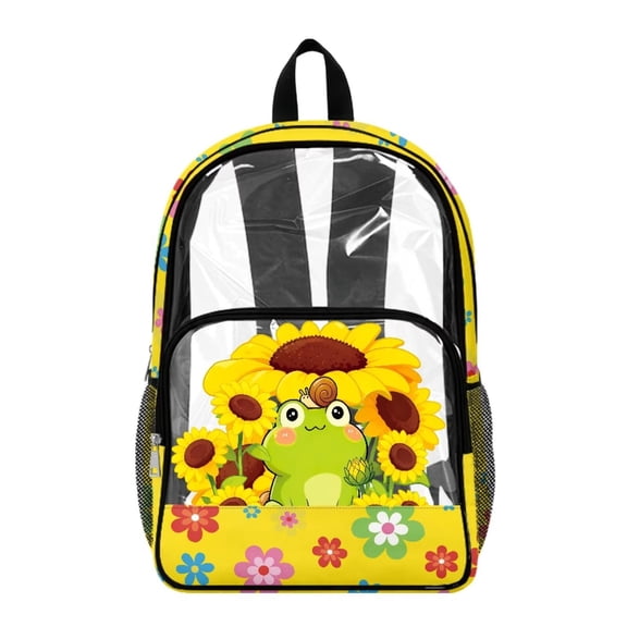 Renewold Transparent Backpack with Side Pockets 17 Inch Laptop Backpack Large Capacity Clear Bag for Boys Girls Kids Teen Preschool Kindergarten Elementary, Frog Sunflower Flower Print Yellow