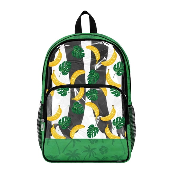 Renewold Transparent Backpack Wide Shoulder Straps Large Travel Backpack with Side Pockets Adjustable Straps PVC Clear Bookbag for College Concerts, Monstera Leaf Banana Palm Tree Hibiscus, Green