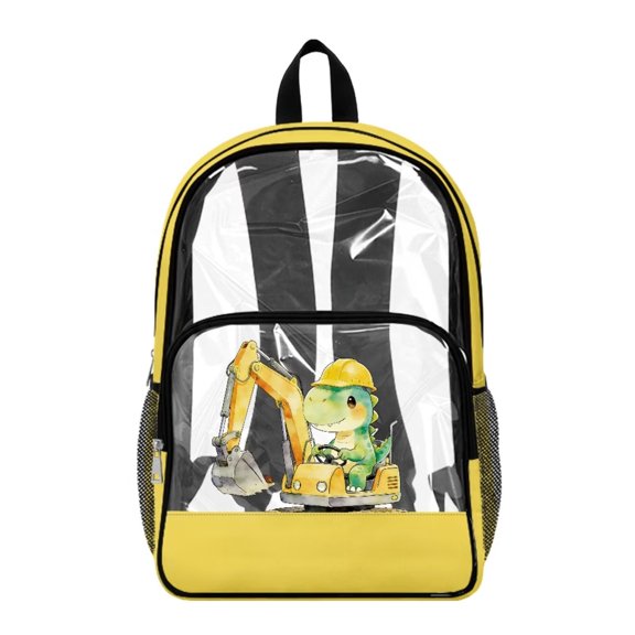 Renewold Transparent Backpack Wide Shoulder Straps Large Travel Backpack with Side Pockets Adjustable Straps PVC Clear Bookbag for College Workplace Concerts, Dinosaur Excavator Print Yellow