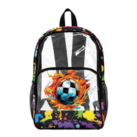 Renewold Transparent Backpack Wide Shoulder Straps Large Travel Backpack with Side Pockets Adjustable Straps PVC Clear Bookbag for College Workplace Concerts, Soccer Flame Graffiti Print